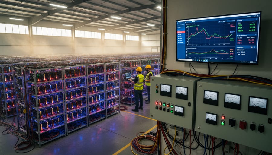 Interior view of cryptocurrency mining facility with rows of ASIC mining hardware