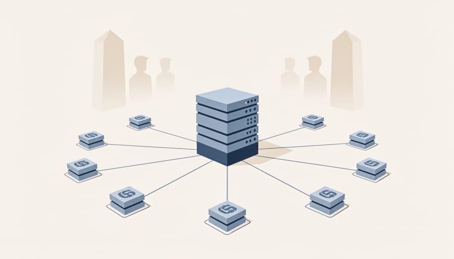 Metallic crypto tokens and server rack equipment in a clean, modern data-center setting