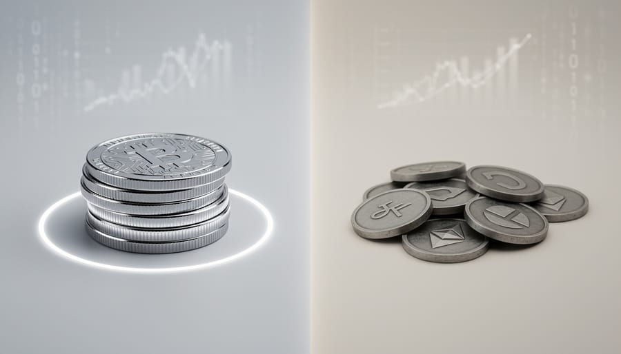 Close-up comparison of cryptocurrency token and closed-loop gaming currency chips on a desk