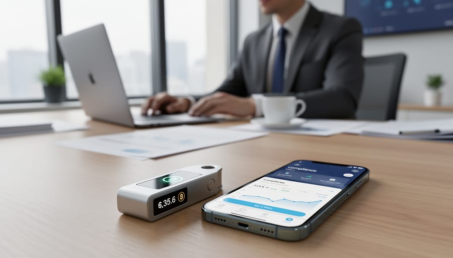 Finance professional holding a hardware wallet and smartphone in an office environment