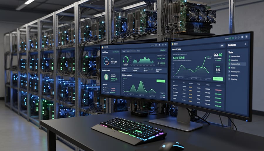 Close-up of an ASIC mining device with heatsinks and airflow highlights in a rack setup.