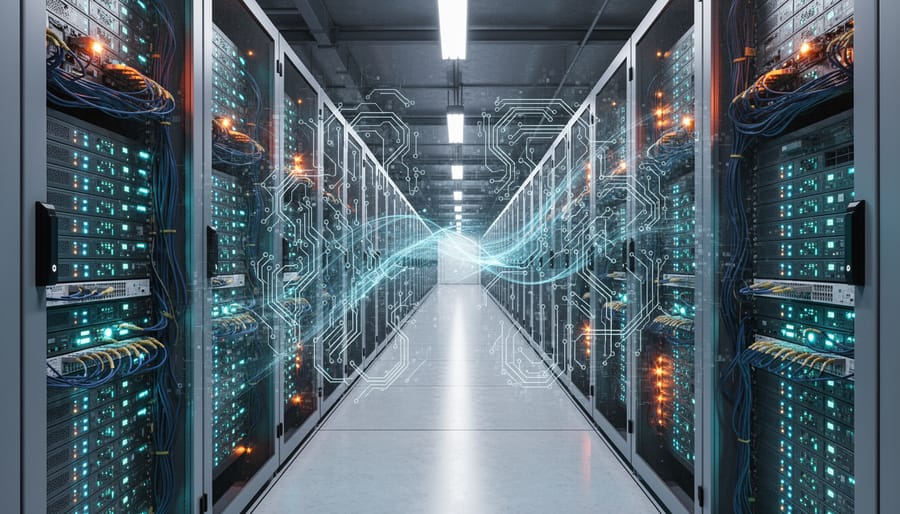 Data center server racks with cooling fans and blue status lighting, representing mining software infrastructure.