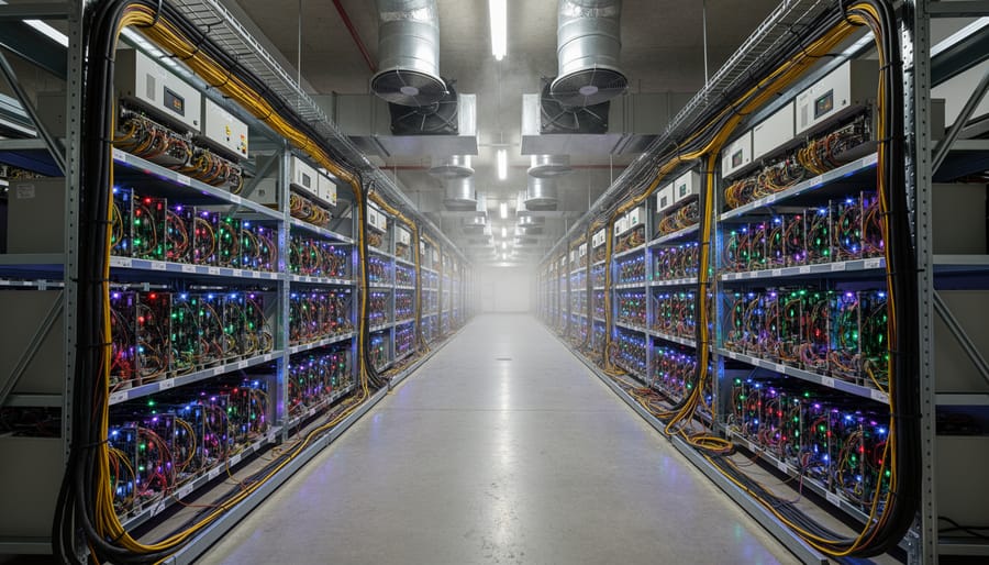 Interior view of a server rack room resembling a cryptocurrency mining facility with cooling vents and industrial lighting.
