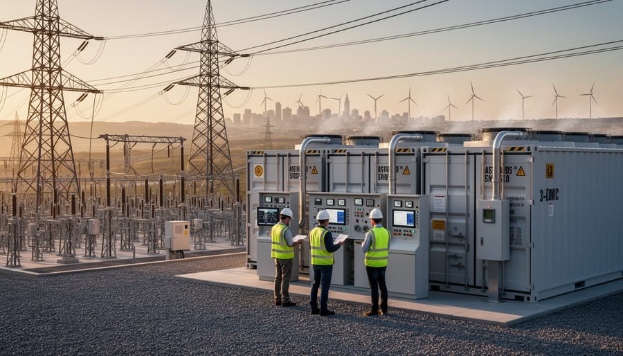 Power substation and overhead power lines at dusk with warm sunset lighting and visible electrical equipment.