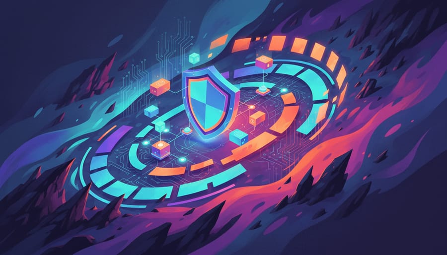 Secure lock and vault-like door near server racks, symbolizing cybersecurity for mining operations.