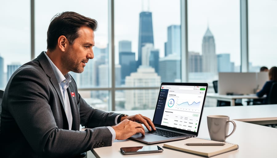 A professional in an office holds a smartphone while examining a metallic crypto token on a desk.