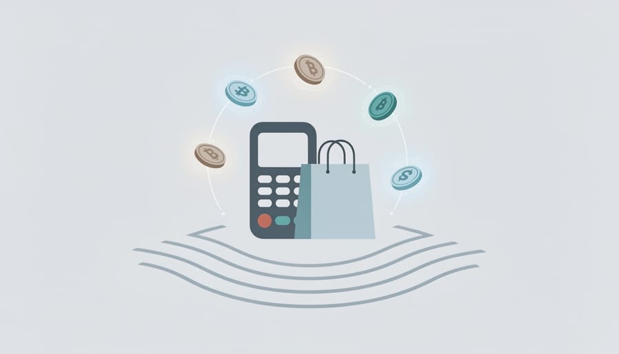 Close view of a contactless payment terminal on a retail counter with subtle crypto-like reflections.