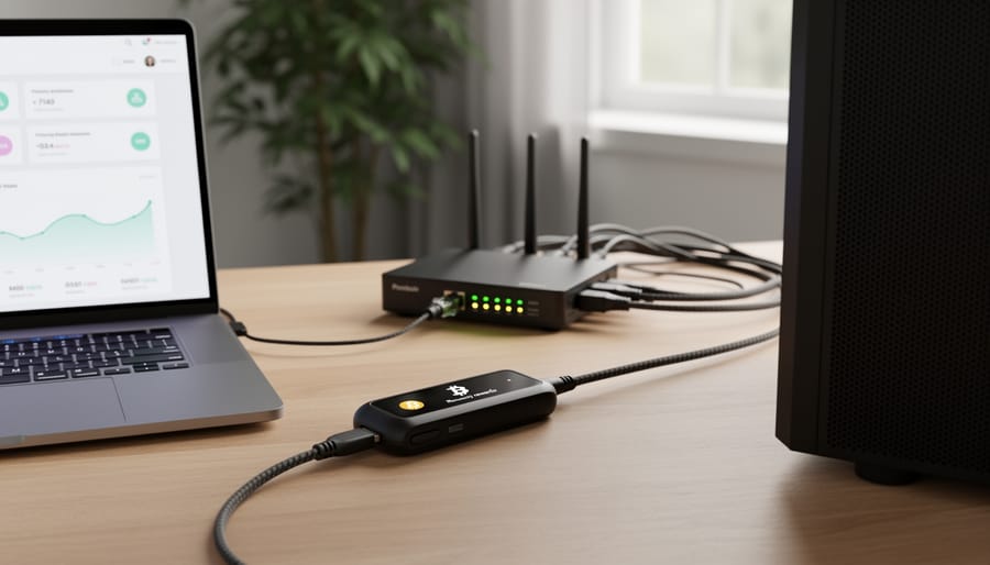 Hardware cryptocurrency wallet resting beside cables and a router on a desk