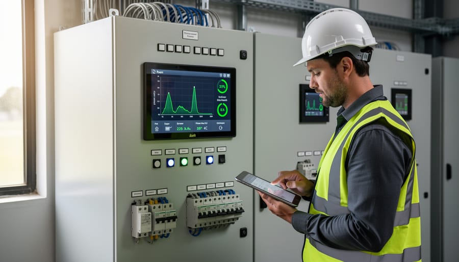 Person monitoring a mining workstation with a power meter beside the equipment