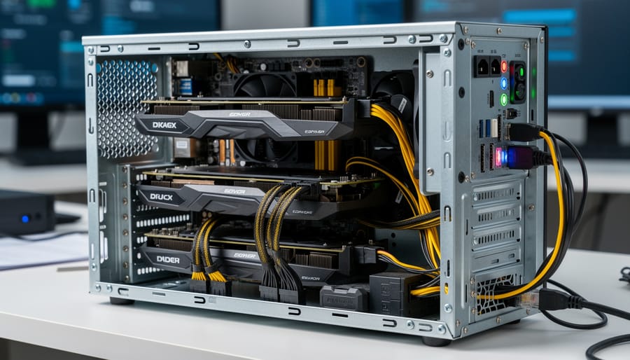 Open cryptocurrency mining rig with multiple graphics cards and cooling fans