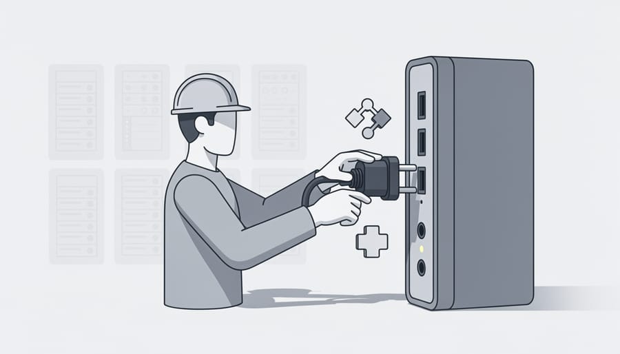 Technician adjusting a GPU power connector in a server rack